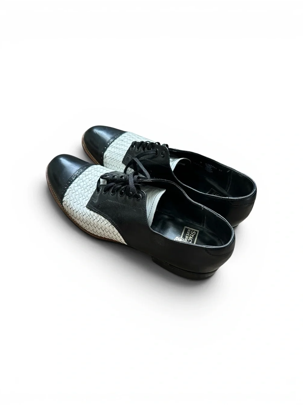 Stacy Adams Woven Leather Oxford 7.5 Black White Cap‎ Toe Designer Dress Shoes